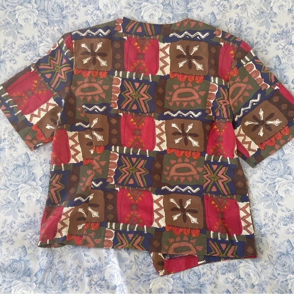 Vintage Blouse Large Button Down Short Sleeved Hippy Print 80s Top Green Red Sun - Picture 2 of 5